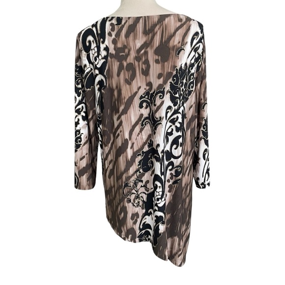 Chico’s Travelers Artsy Gold Swirls Brown Asymmetrical Tunic Top Women Sz L (2) - Picture 3 of 8